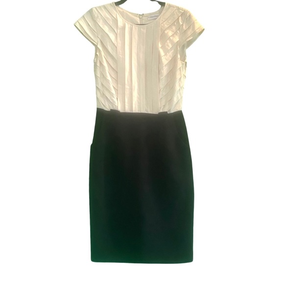 Calvin Klein Cap Sleeve Ivory Pleated Bodice Black Skirt One Piece Dress Size 8 - Picture 4 of 6